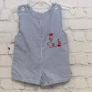 Royal Heir 12M Blue Pinstripe Duck and Boat Overall Shorts Romper for Boys